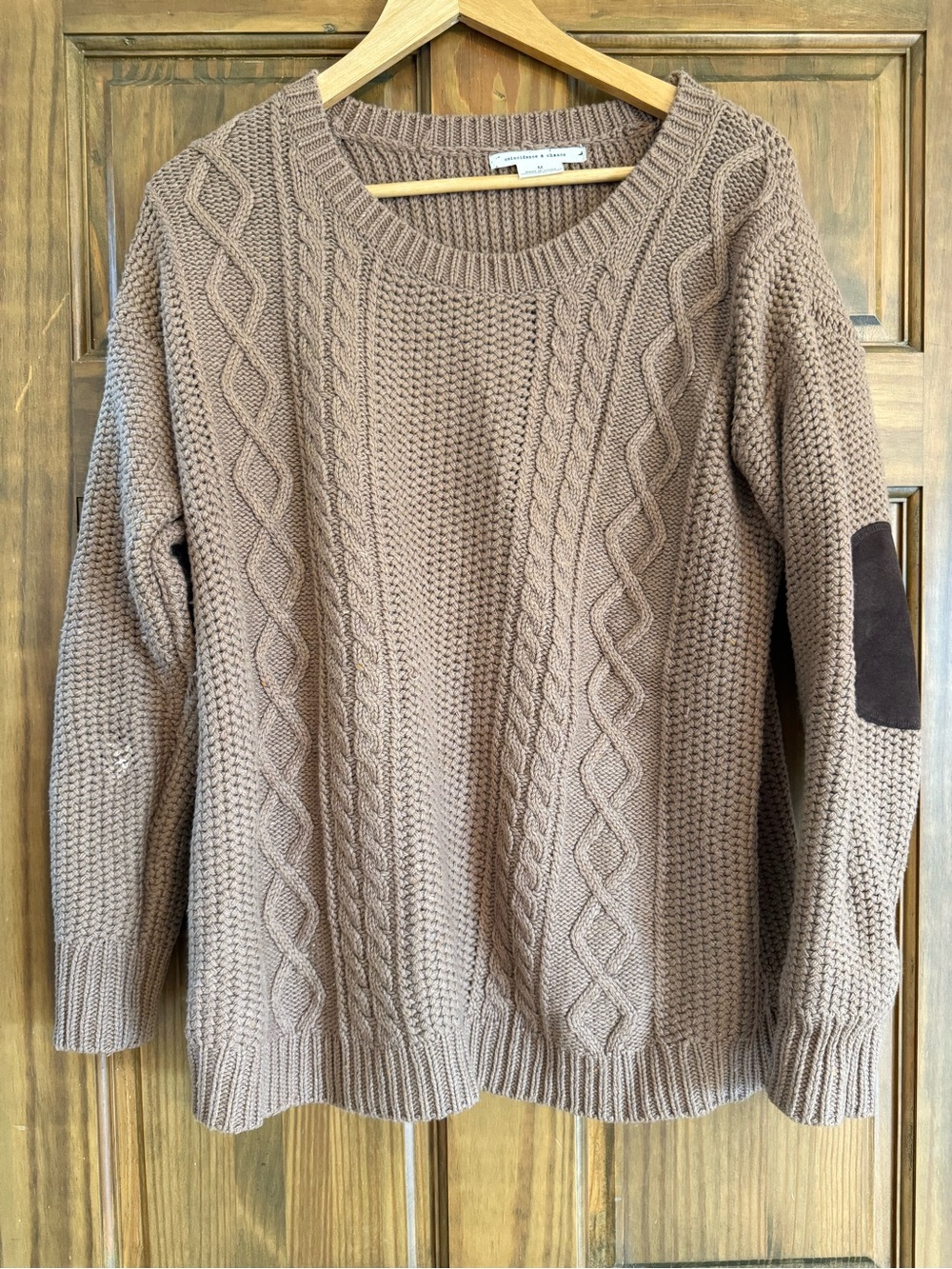 Women's Taupe Cable Crewneck Sweater with Elbow Patches